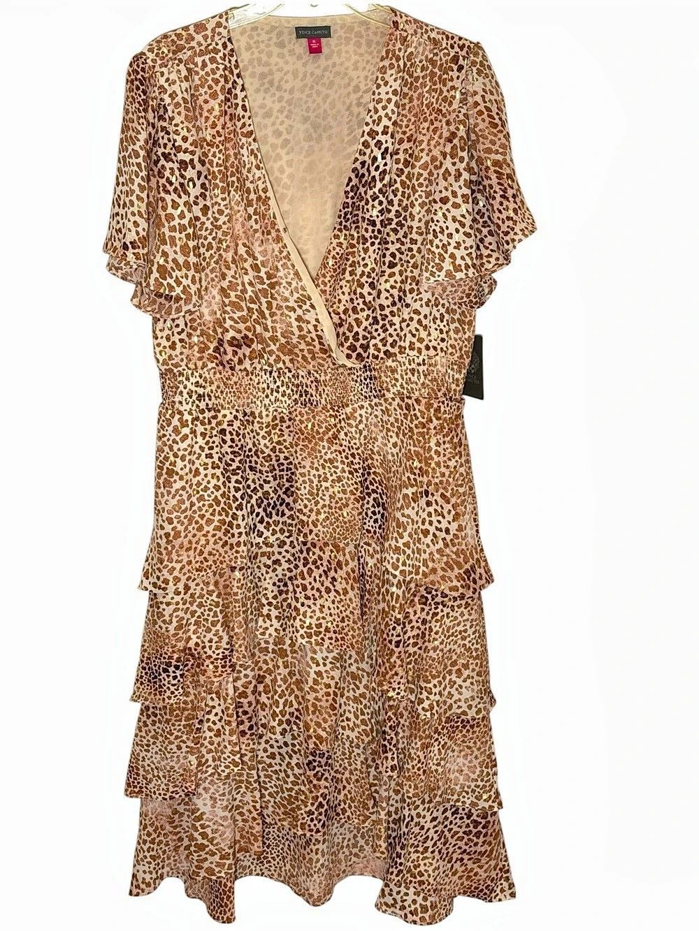 Vince Camuto Flutter Sleeve Surplice Tiered Dress Brown & Cream XL, leopard
